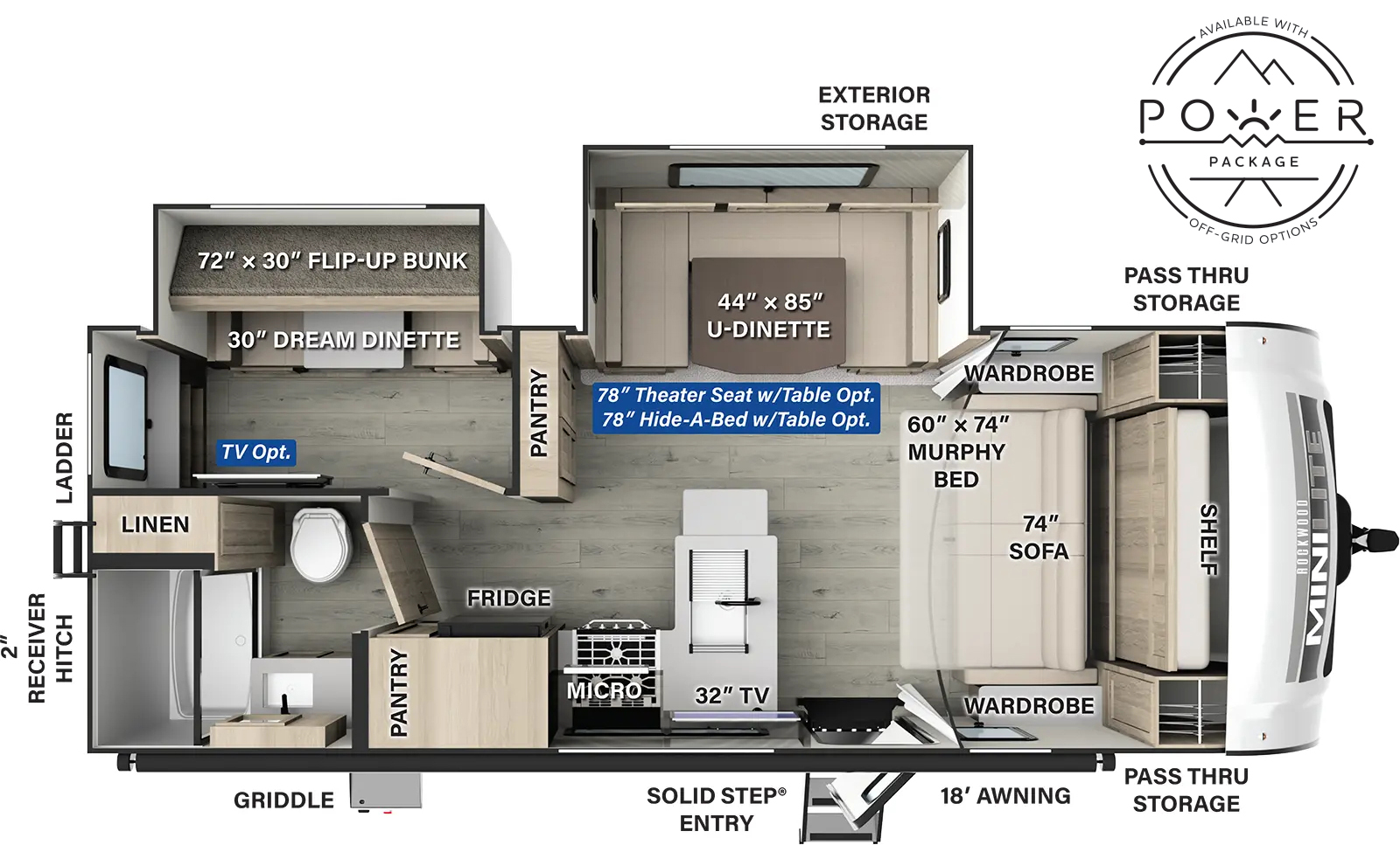 The Rockwood Mini Lite 2519S has one entry and two slide outs. Exterior features include: fiberglass exterior and 18' awning. Interiors features include: bunk beds, u-dinette and murphy bed.